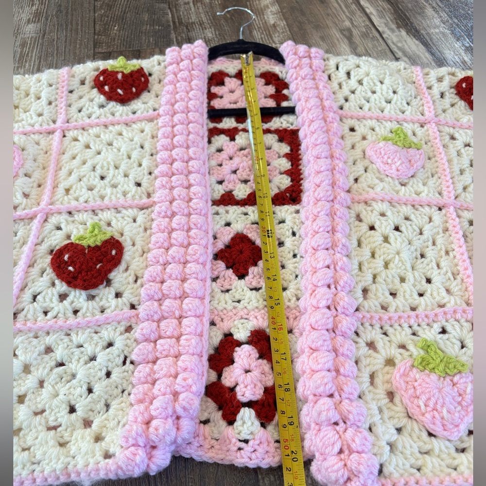 Handmade Crochet Strawberry Picnic Cardigan Checkerboard Pattern - Picture 8 of 12